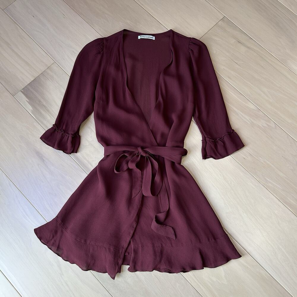 Reformation Wrap Mini Dress Burgundy V-Neck Women’s XS